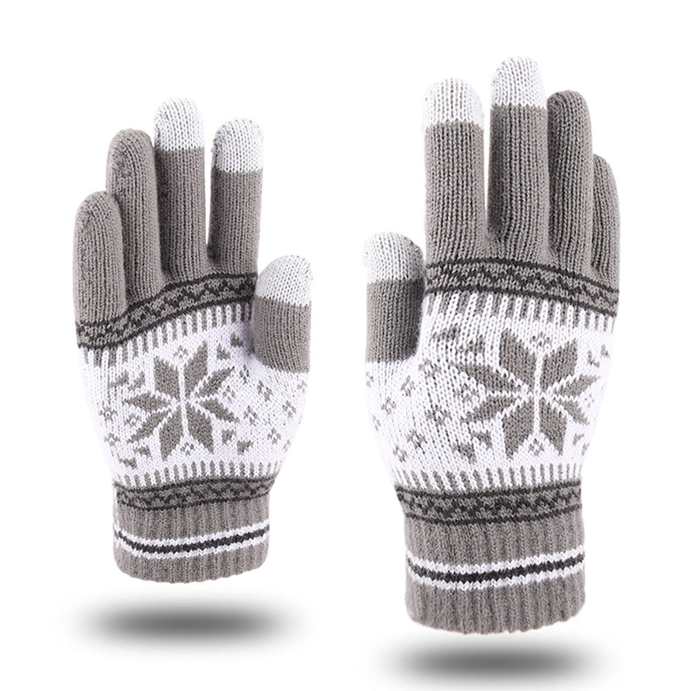 Christmas Snowflake Gloves Women's Men's Warm Knitted Touchscreen Phone Gloves Fashionable Mittens (Grey, One Size)