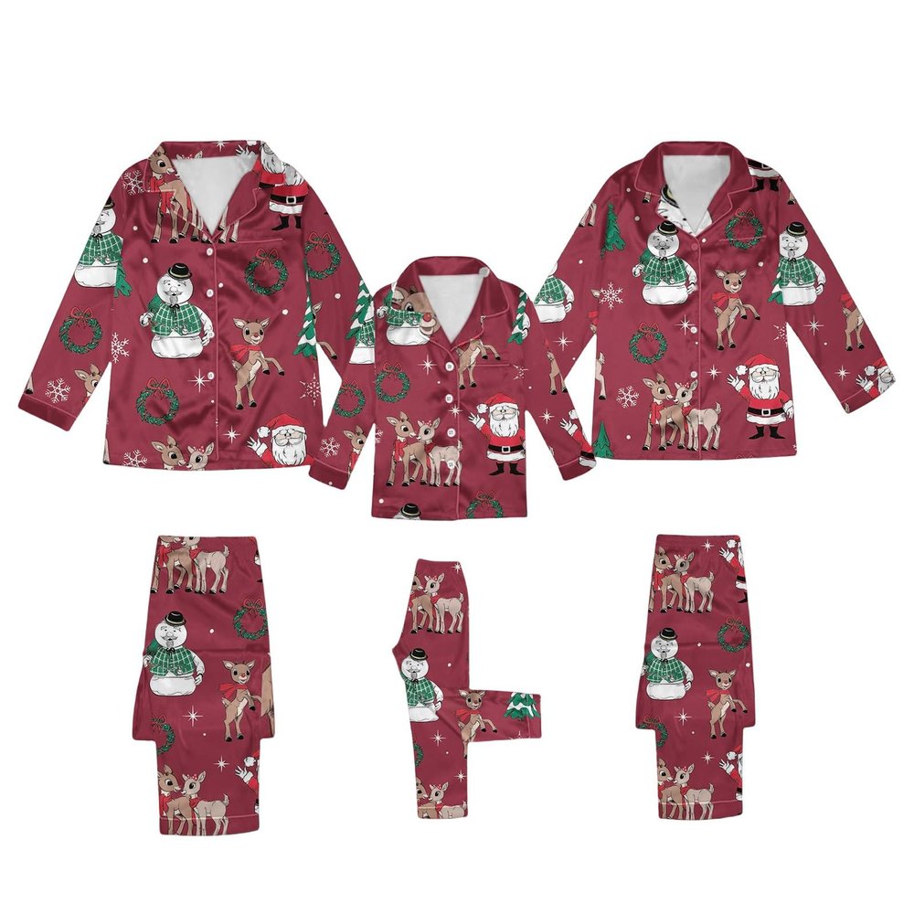 CGGMVCG Silk Christmas Ouftits for Family 2024 Button Down Shirt and Pants Satin Xmas Clothes Matching Sets (Z02 Santa Snowman - Red, 13-14)