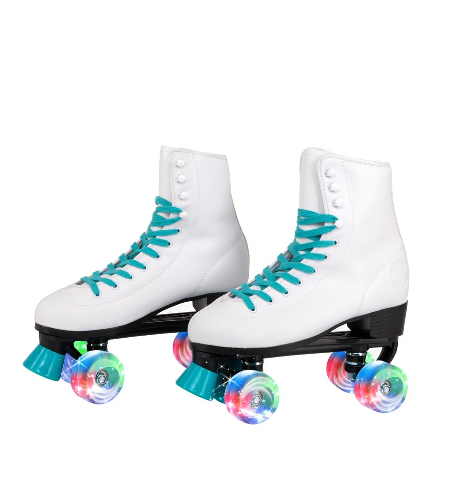 C SEVEN C7skates Quad Roller Skates | Retro Design (Teal w LED, Women's 6 / Youth 5 / Men's 5)