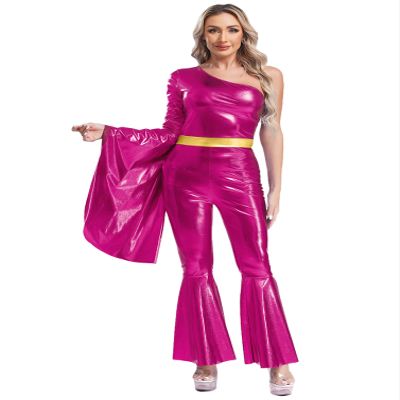 winying Women 70s Disco Dance Costume Flared Bell Bottoms Jumpsuit Bodysuit Metallic Funky Dancewear Hot Pink Medium
