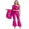 winying Women 70s Disco Dance Costume Flared Bell Bottoms Jumpsuit Bodysuit Metallic Funky Dancewear Hot Pink Medium view 1