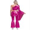 winying Women 70s Disco Dance Costume Flared Bell Bottoms Jumpsuit Bodysuit Metallic Funky Dancewear Hot Pink Medium view 2