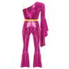 winying Women 70s Disco Dance Costume Flared Bell Bottoms Jumpsuit Bodysuit Metallic Funky Dancewear Hot Pink Medium view 4
