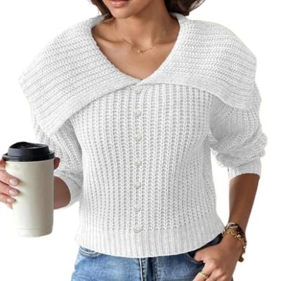 Women Fall Lapel Collar V Neck Sweater Long Sleeve Flower Crochet Chunky Knit Pullover Casual Floral Cropped Sweater