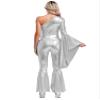 winying Women 70s Disco Dance Costume Flared Bell Bottoms Jumpsuit Bodysuit Metallic Funky Dancewear Silver Medium view 2