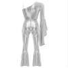 winying Women 70s Disco Dance Costume Flared Bell Bottoms Jumpsuit Bodysuit Metallic Funky Dancewear Silver Medium view 4