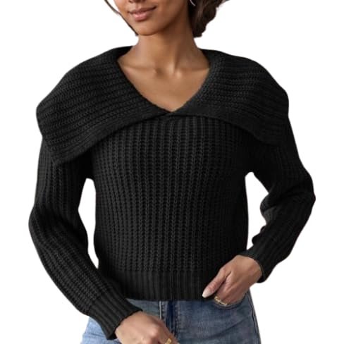 Women Fall Lapel Collar V Neck Sweater Long Sleeve Flower Crochet Chunky Knit Pullover Casual Floral Cropped Sweater