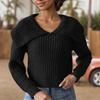 Women Fall Lapel Collar V Neck Sweater Long Sleeve Flower Crochet Chunky Knit Pullover Casual Floral Cropped Sweater view 2