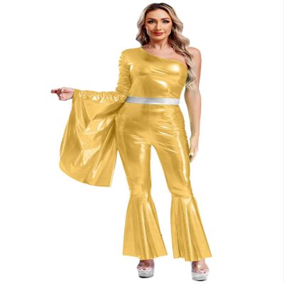 winying Women 70s Disco Dance Costume Flared Bell Bottoms Jumpsuit Bodysuit Metallic Funky Dancewear Gold Medium