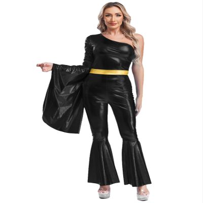 winying Women 70s Disco Dance Costume Flared Bell Bottoms Jumpsuit Bodysuit Metallic Funky Dancewear Black Medium