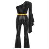 winying Women 70s Disco Dance Costume Flared Bell Bottoms Jumpsuit Bodysuit Metallic Funky Dancewear Black Medium view 4
