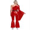 winying Women 70s Disco Dance Costume Flared Bell Bottoms Jumpsuit Bodysuit Metallic Funky Dancewear Red Small view 2