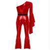 winying Women 70s Disco Dance Costume Flared Bell Bottoms Jumpsuit Bodysuit Metallic Funky Dancewear Red Small view 4
