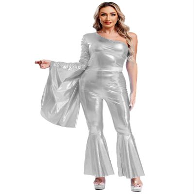 winying Women 70s Disco Dance Costume Flared Bell Bottoms Jumpsuit Bodysuit Metallic Funky Dancewear Silver Small