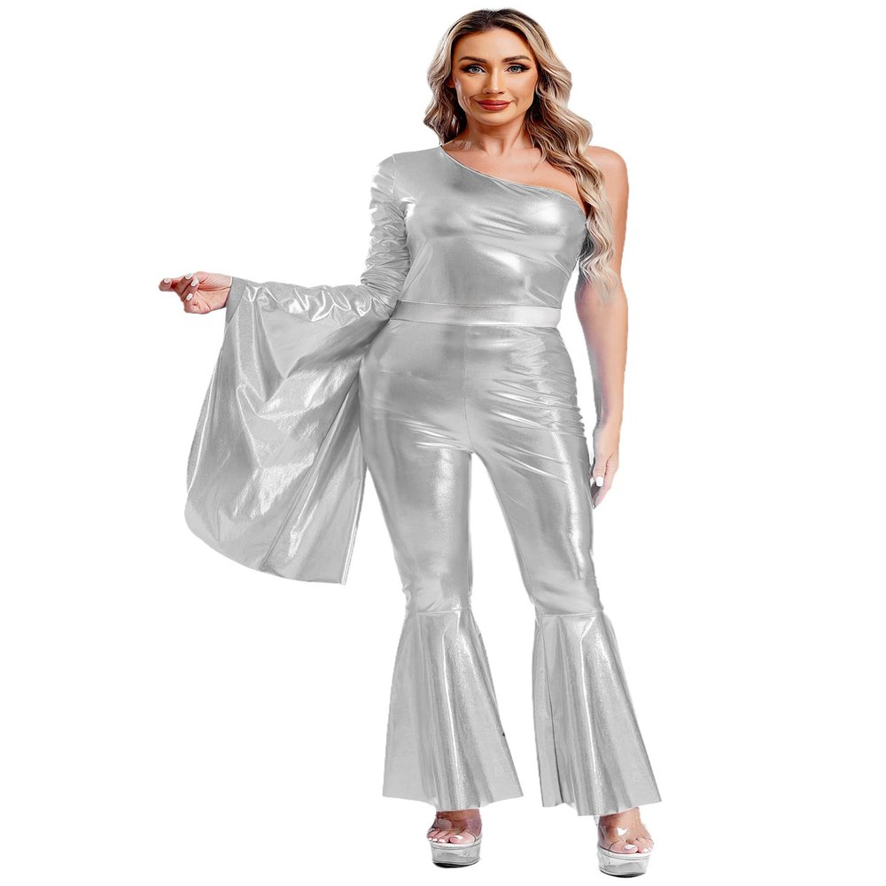winying Women 70s Disco Dance Costume Flared Bell Bottoms Jumpsuit Bodysuit Metallic Funky Dancewear Silver Small