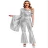 winying Women 70s Disco Dance Costume Flared Bell Bottoms Jumpsuit Bodysuit Metallic Funky Dancewear Silver Small view 1