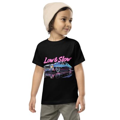 Slammed 1972 Chevy Chevelle Lowrider T-Shirt Low and Slow Graphic Toddler Short Sleeve Tee Black