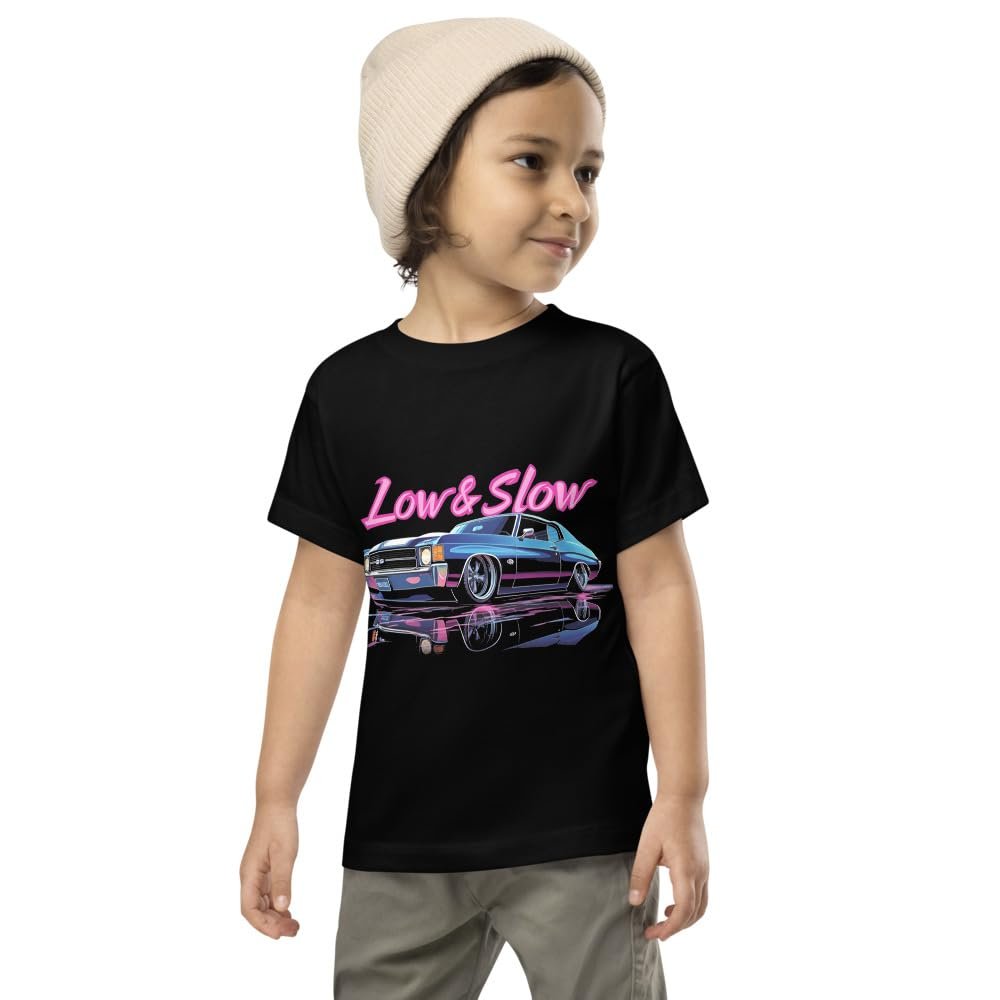 Slammed 1972 Chevy Chevelle Lowrider T-Shirt Low and Slow Graphic Toddler Short Sleeve Tee Black