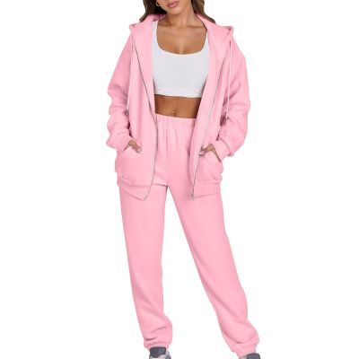 Jogger Sets for Women 2 Piece Zipper Jacket Long Sleeve Hoodie Sweatshirt Baggy Sweat Pants Comfy Lounge Sweatsuit CC3-Pink Small