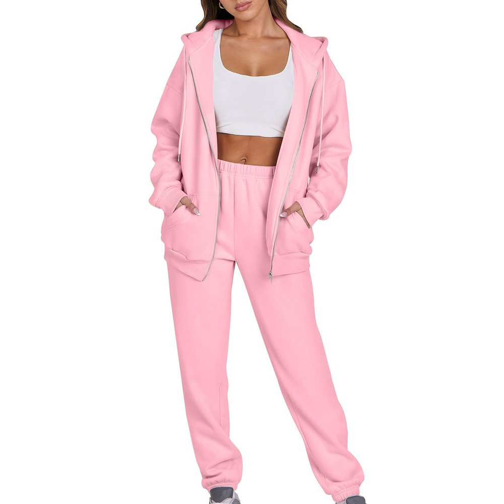 Jogger Sets for Women 2 Piece Zipper Jacket Long Sleeve Hoodie Sweatshirt Baggy Sweat Pants Comfy Lounge Sweatsuit CC3-Pink Small