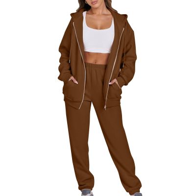 Jogger Sets for Women 2 Piece Zipper Jacket Long Sleeve Hoodie Sweatshirt Baggy Sweat Pants Comfy Lounge Sweatsuit CC4-Brown Small