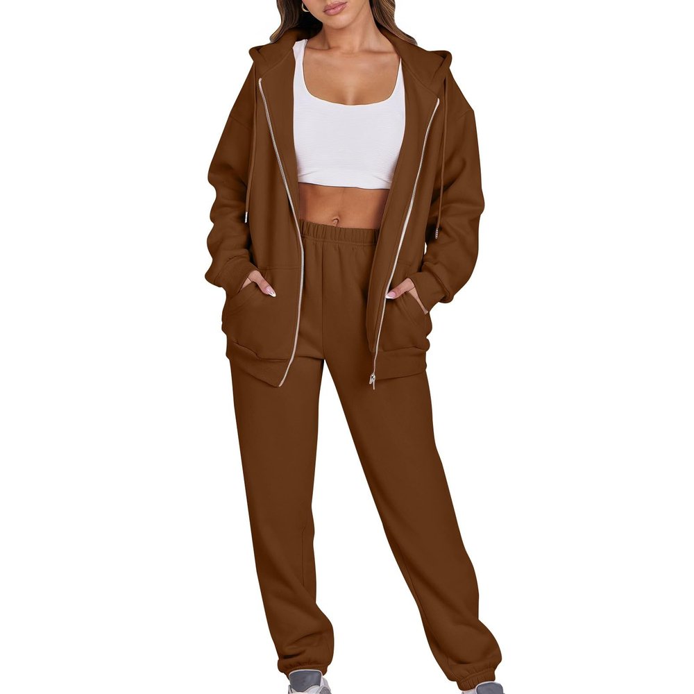 Jogger Sets for Women 2 Piece Zipper Jacket Long Sleeve Hoodie Sweatshirt Baggy Sweat Pants Comfy Lounge Sweatsuit CC4-Brown Small