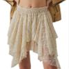 Adoeren Women Y2k Lace Pleated Flowy Skirt Elastic Waist Lace Trim Half Slip Fairy Layered Ruffle Floral Lace Mini Skirts Short Underskirt(Lace Beige White,S) view 1