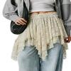 Adoeren Women Y2k Lace Pleated Flowy Skirt Elastic Waist Lace Trim Half Slip Fairy Layered Ruffle Floral Lace Mini Skirts Short Underskirt(Lace Beige White,S) view 4