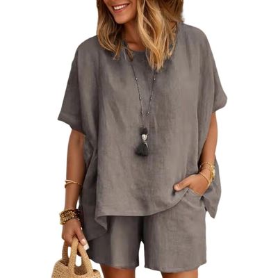 Two Piece Cotton Linen Outfits for Women Summer Casual Half Sleeve Tops and Loose Shorts Fit Streetwear Lounge Sets