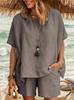 Two Piece Cotton Linen Outfits for Women Summer Casual Half Sleeve Tops and Loose Shorts Fit Streetwear Lounge Sets view 2