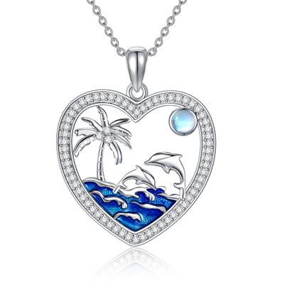 AXOMY Dolphin Necklace 925 Sterling Silver Dolphin Pendant Necklace Palm Tree Necklace Dolphin Jewelry Gifts for Women