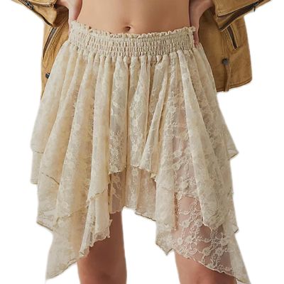 Adoeren Women Y2k Lace Pleated Flowy Skirt Elastic Waist Lace Trim Half Slip Fairy Layered Ruffle Floral Lace Mini Skirts Short Underskirt(Lace Beige White,M)