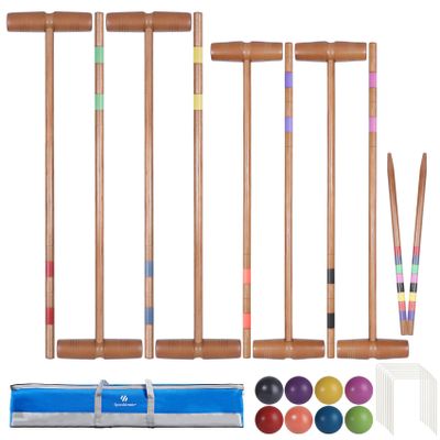 SpeedArmis Brown Croquet Set for Adults - 8 Players Croquette Kit with 35In Deluxe, 32In Regulation Size Rubber Wood Mallets, Colored PE Ball, Wickets, End Stakes, Lawn Backyard Game for Families