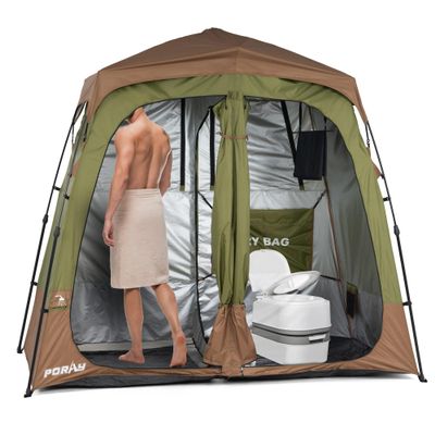 Portable Camping Shower Tent Deluxe Changing Room Easy Set Up Privacy Shelter,Large Toilet Tent 2 Rooms with Floor Drain Design for Beach, Camping,Hiking with Stakes and Ropes for Stability