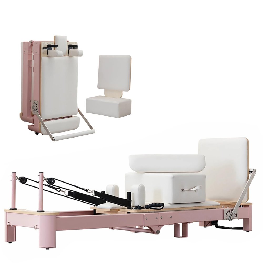 Pink Foldable Pilates Reformer Machine for Home, Aluminum Reformer Pilates Machine for Home and Studio