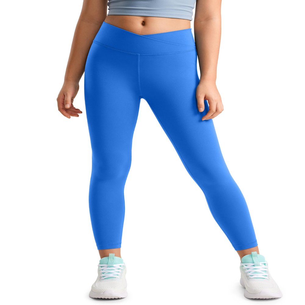 CRZ YOGA Girls Butterluxe Crossover Waist Yoga Leggings - Athletic Sports Casual Pants V Cross Tights Kids Teen Sparkle Blue X-Large