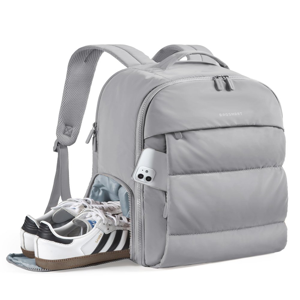 BAGSMART 30L Travel Backpack for Women, Carry on Backpack for Airplanes, Gym Backpack with Shoe Compartment, Lightweight Travel Bag Fits 15.6 Inch, Water-Resistant, Grey