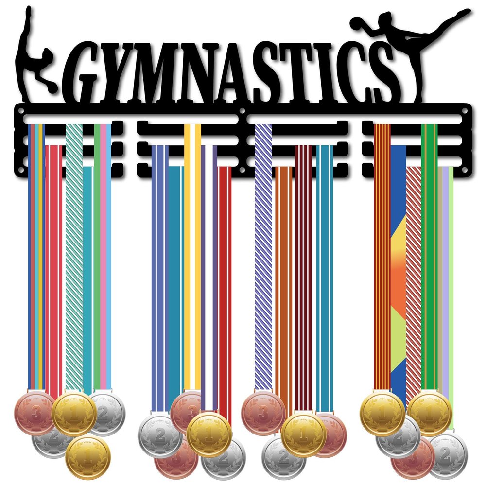 CREATCABIN Gymnastics Medal Rack Sports Medal Holder Display Race Competition Awards Ribbons Organizer Black Metal Mount Decor Frame for Wall Hanging 60+ Medals Player Women Athlete 15.7x5.9Inch