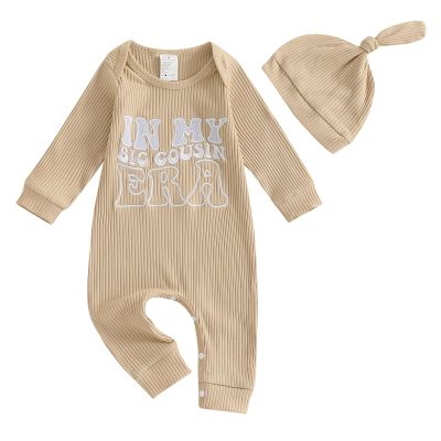 aporake Baby Boy Romper Newborn Coming Home From Hospital Outfits Letter One-Piece Bodysuit Jumpsuit+Hat Infant Colthes Set (Beige-big cousin, 0-3 Months)