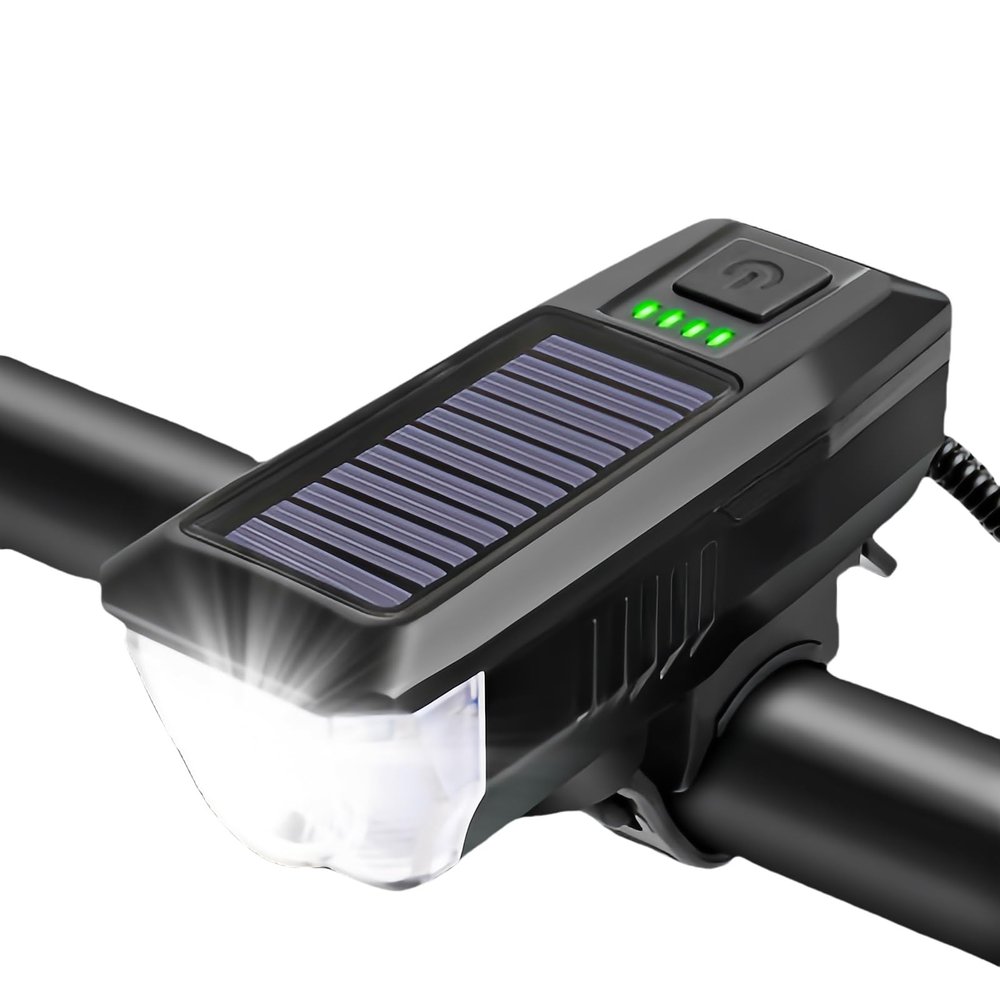 Bike Lights for Night Riding,Solar Charging Bicycle Light 3 Modes LED Road Mountain Bike Front Light Waterproof Bicycle Bell Light USB Rechargeable Headlight (Black)