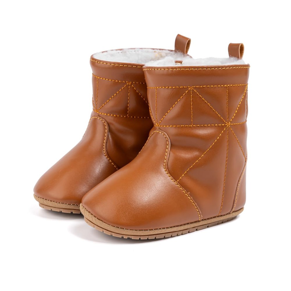Sawimlgy Infant Baby Boys Girls Winter Snow Boots PU Leather Plush Ankle Cowboy Warm Boots Toddler Newborn Fur Lining First Walker Crib Outdoor Shoes