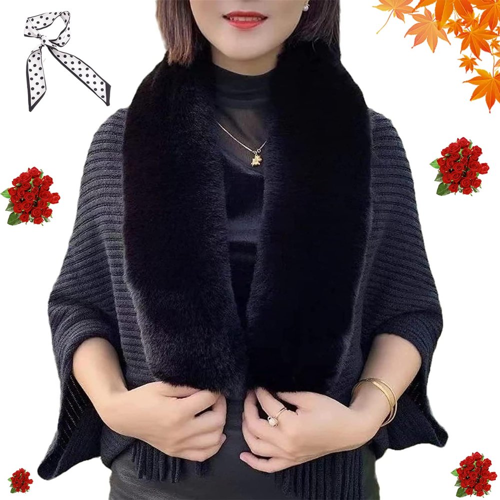 XYLAWAVE Knitting Thick Women's Loose Shawl with Fur Collar, Fur Shawl Women Soft Warm Shawls and Wraps for Evening Dresses (Black,one Size)