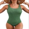 Herseas Women One Piece Swimsuit Solid Ribbed Monokini 2026 Vacation Swimwear Scoop Neck Low Back Modest Bathing Suit Green X-Large view 1