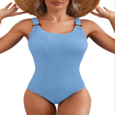 Herseas Women's Swim Suits Knit Ribbed Scoop Neck High Leg One Piece O Ring Wide Straps Bathing Suit 2026 Summer Beach Outfits Sky Blue Large