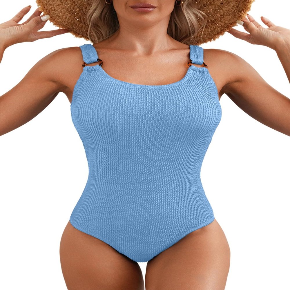 Herseas Women's Swim Suits Knit Ribbed Scoop Neck High Leg One Piece O Ring Wide Straps Bathing Suit 2026 Summer Beach Outfits Sky Blue Large