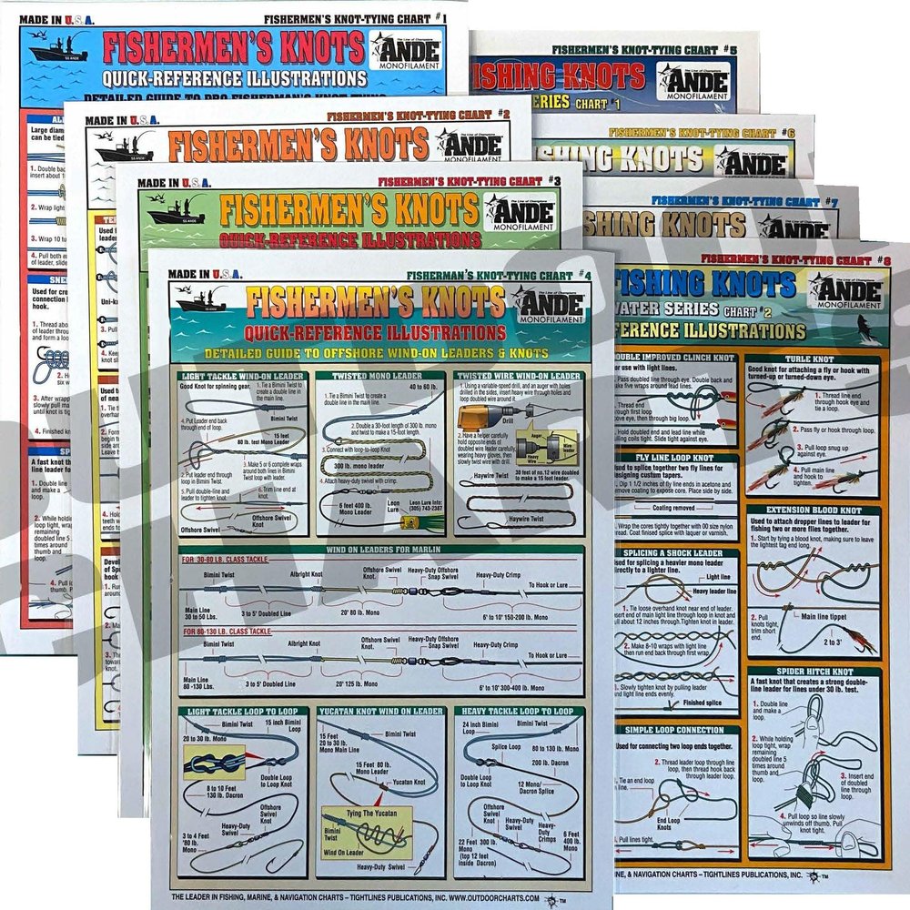 Fishing Knot Tying Chart Set #1-8 - Waterproof Quick Reference Guide to Essential Fishing Knots - (Freshwater, Saltwater, and Fly Knots) - Double-Sided & Easy to Read - Great Gift for Beginners