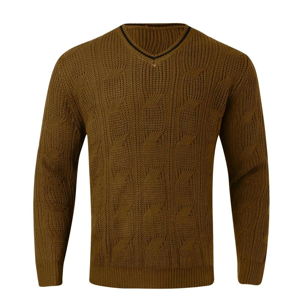 Men's V Neck Sweater Casual Twist Patterned Textured Long Sleeve Cable Knitted Pullover Sweaters Brown