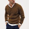 Men's V Neck Sweater Casual Twist Patterned Textured Long Sleeve Cable Knitted Pullover Sweaters Brown view 2