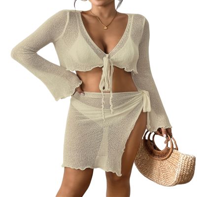 Bsubseach Women Crochet Set 2 Piece Swimsuit Cover Up Long Sleeve V-Neck Crop Top Knit Mini Wrap Skirt Beach Vacation Sets Apricot XL