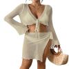 Bsubseach Women Crochet Set 2 Piece Swimsuit Cover Up Long Sleeve V-Neck Crop Top Knit Mini Wrap Skirt Beach Vacation Sets Apricot XL view 1